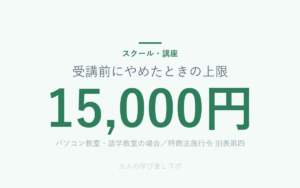 受講前にやめたときの上限 は 15,000円（パソコン教室・語学教室の場合／特商法施行令 別表第四）